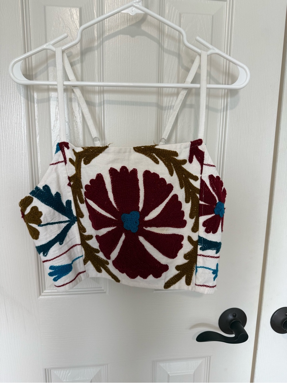 Embroidered Floral Crop Top - White with Burgundy & Teal
